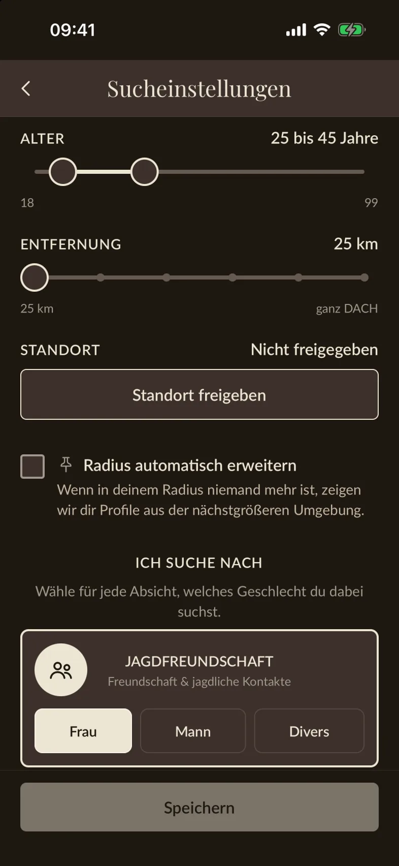 Die Sucheinstellungen mit Altersbereich und Entfernungs-Regler