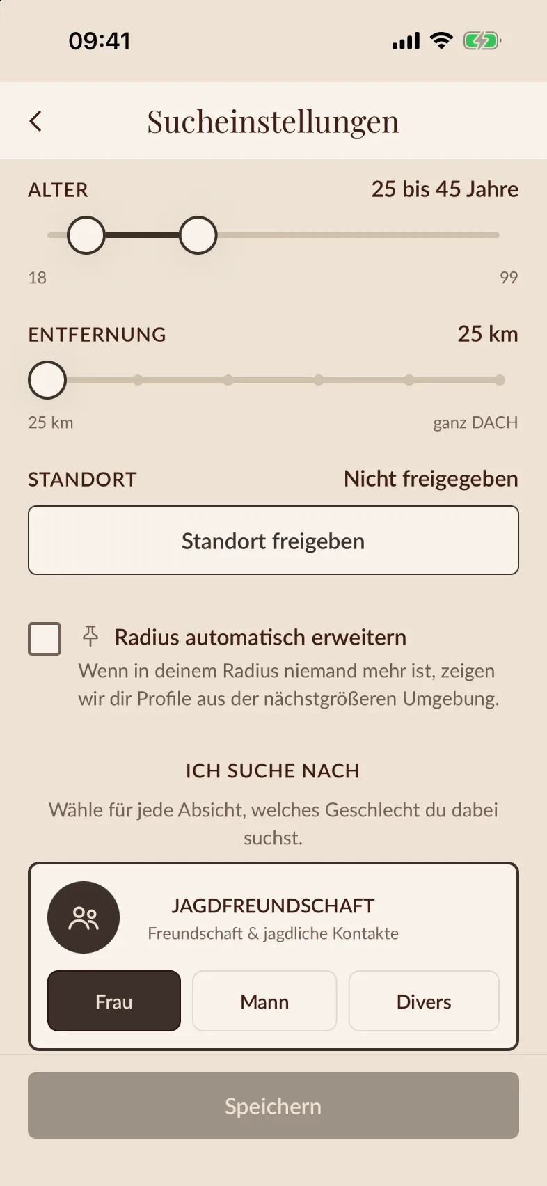 Die Sucheinstellungen mit Altersbereich und Entfernungs-Regler
